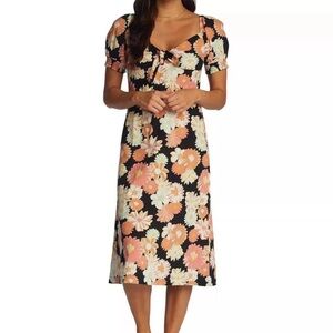 ROXY Floral Midi Dress Summertime Feeling Front Tie Black Pink Womens Small